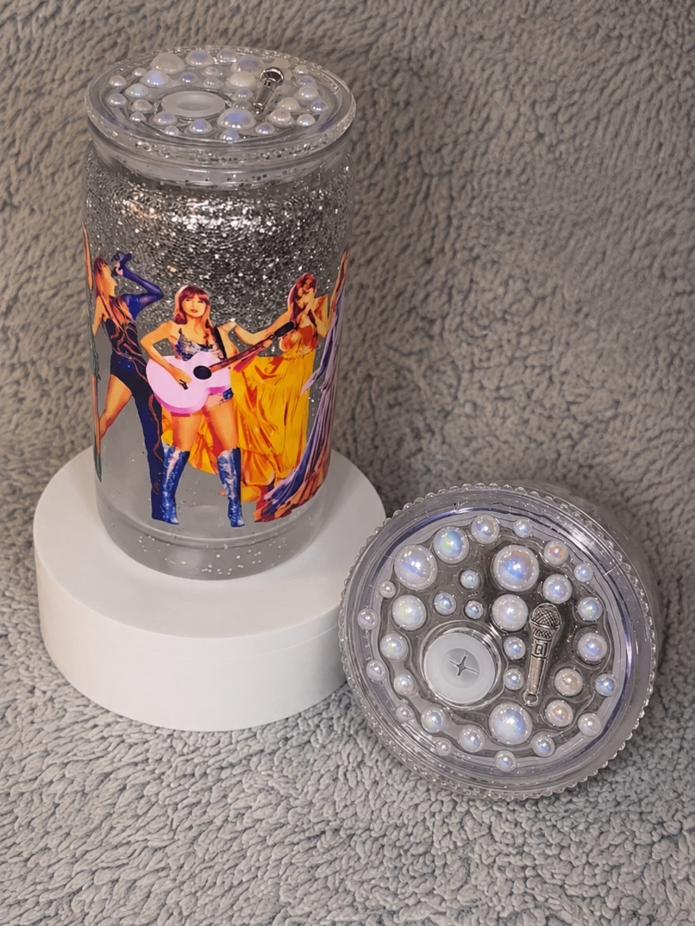 Sparkly Silver Glitter Tumbler with Pearl Lid and Taylor Swift Art.